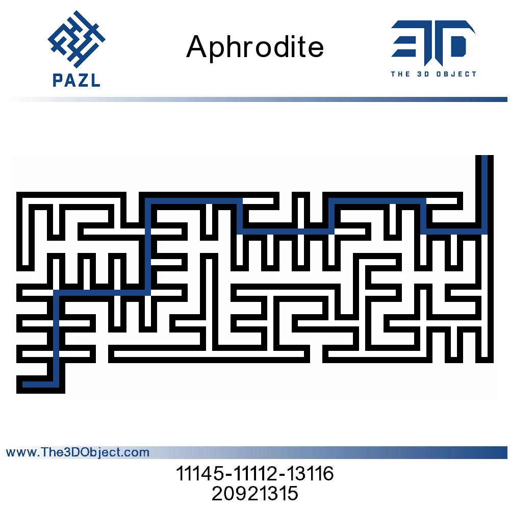 Labyrinth-Lösungsdiagramm der PAZL Box Aphrodite – blau markierter Lösungspfad durch das Labyrinth
