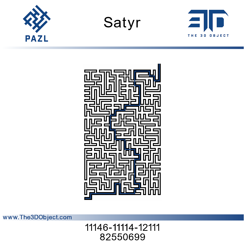 Labyrinth-Lösungsdiagramm der PAZL Box Satyr – blau markierter Lösungspfad durch das sehr große komplexe Labyrinth