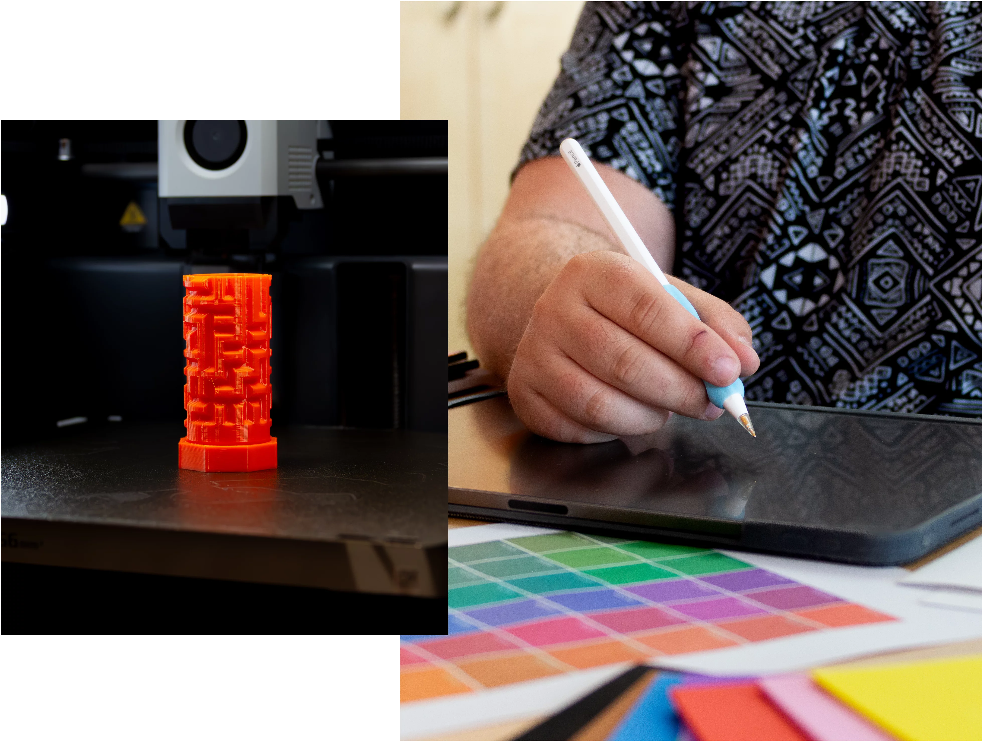 On the left, an orange 3D-printed cylinder inside a printer; on the right, a hand working with a stylus on a tablet. Color cards and paper sheets lie nearby.